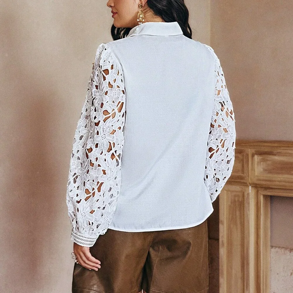 White Elegant Women's Lace Patchwork Ruffle Trim Front Button Long Sleeve Blouse